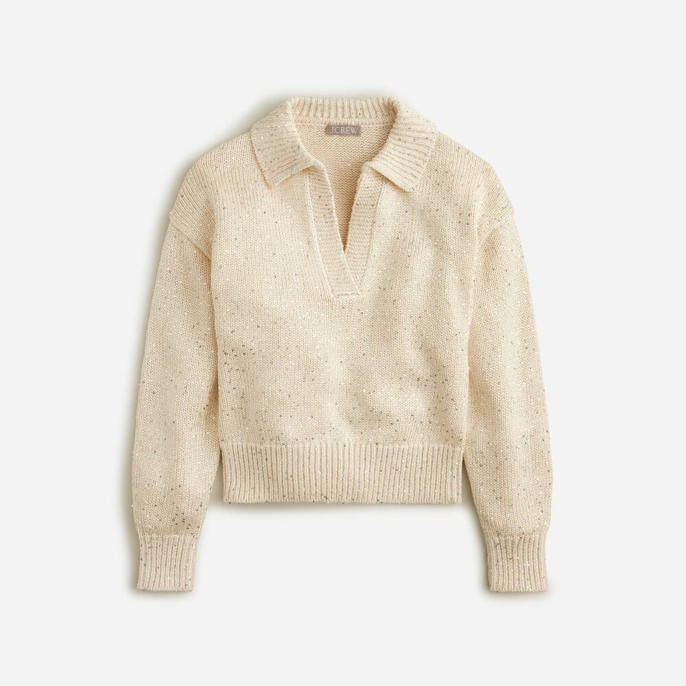 J Crew Sequin Polo Sweater XS Ivory Silver Stardust Chunky Knit Holiday Ribbed - Picture 2 of 13